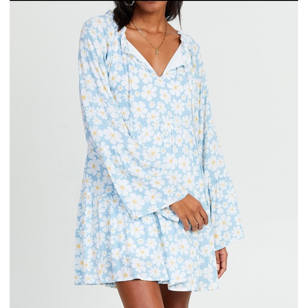 NWT Altar'd State Blue Daisy Floral Print Tiered Mini Dress Bell Sleeve Medium